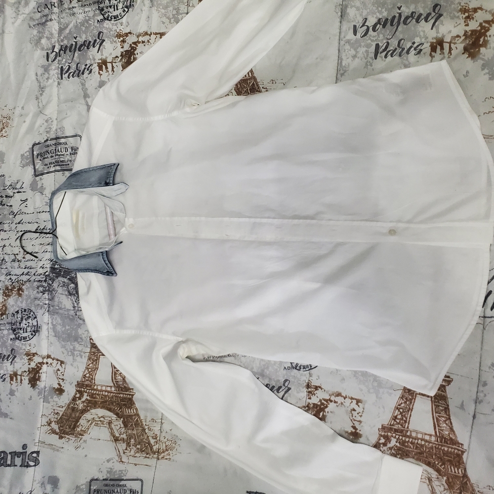 White Button-Up Shirt with Blue Collar